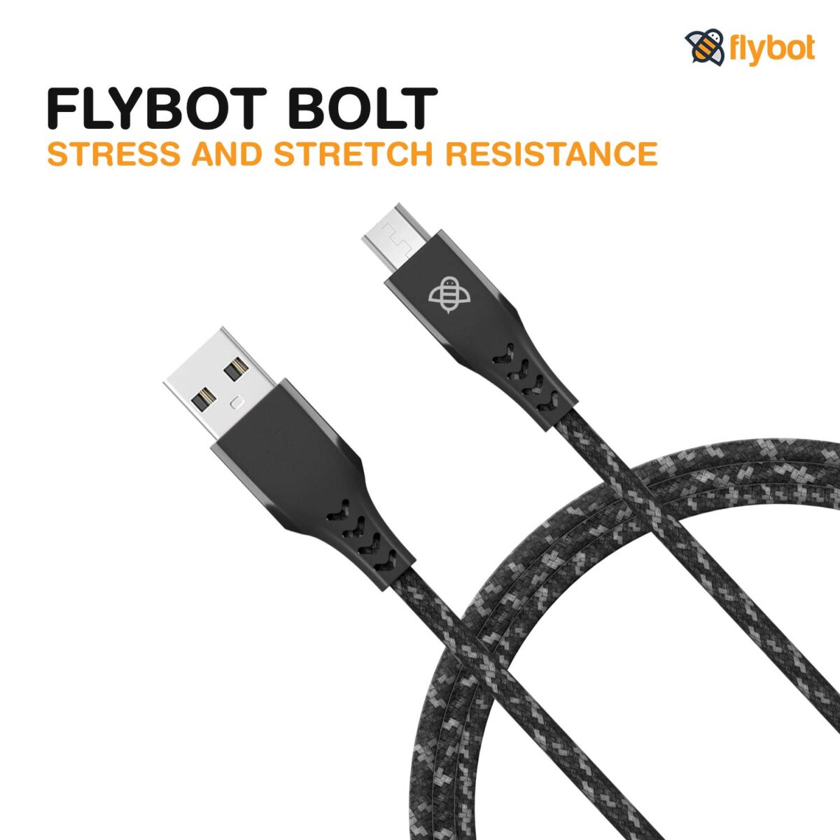 Flybot Bolt Rugged Polyester Braided Unbreakable Micro USB Fast Charging Cable (Black) - Image 5