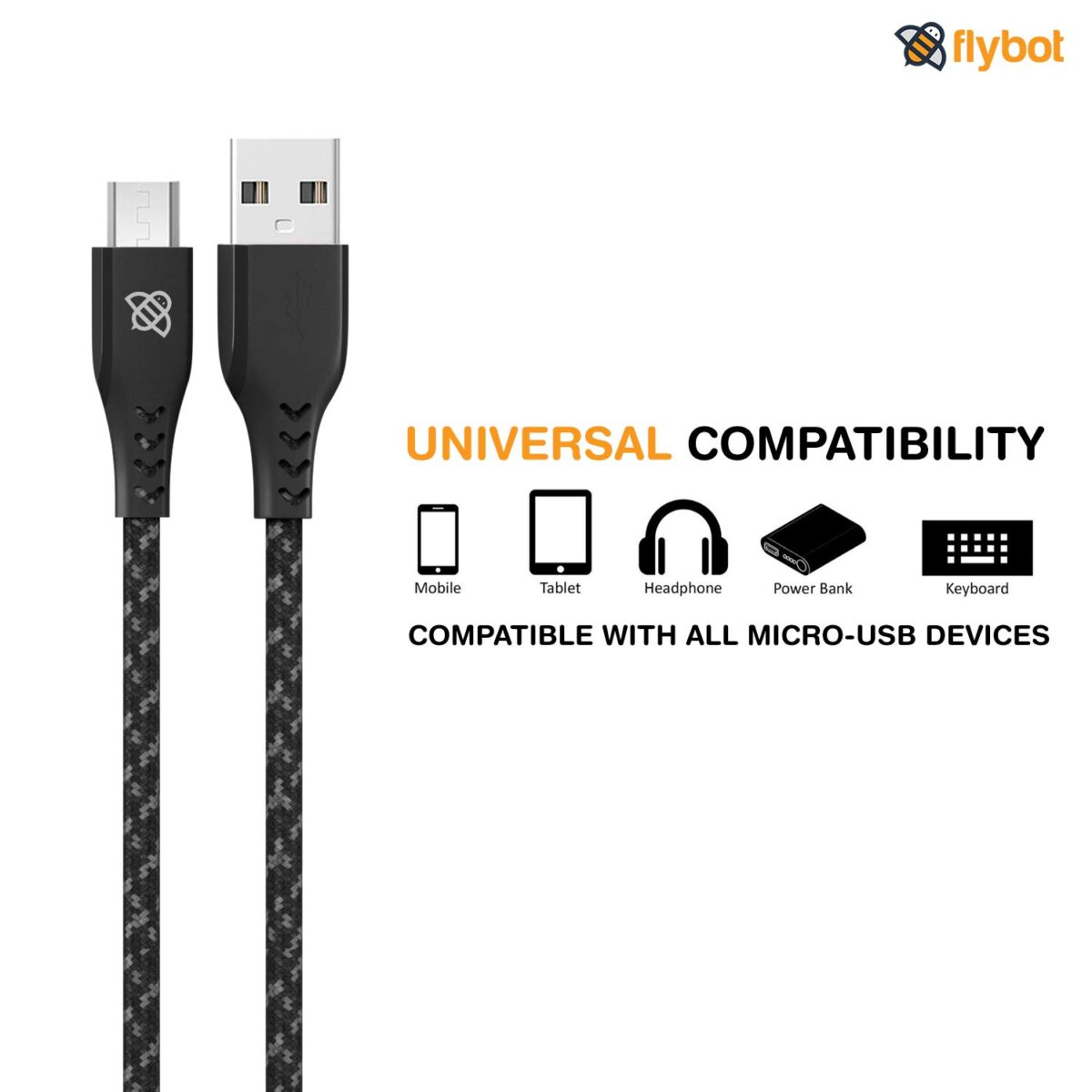 Flybot Bolt Rugged Polyester Braided Unbreakable Micro USB Fast Charging Cable (Black) - Image 4