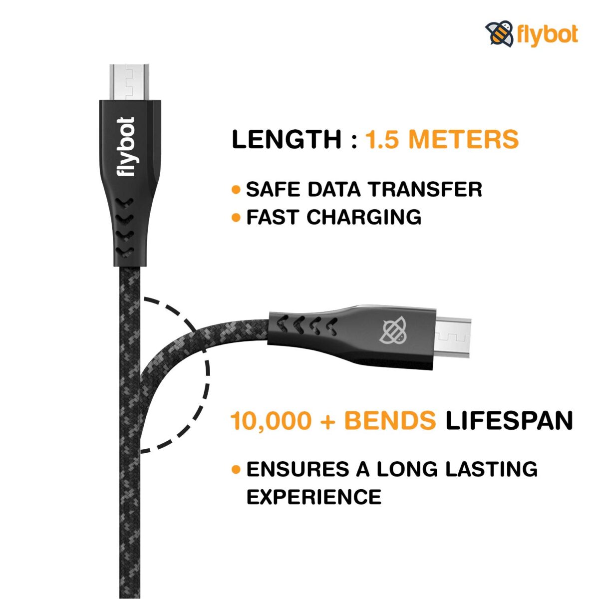 Flybot Bolt Rugged Polyester Braided Unbreakable Micro USB Fast Charging Cable (Black) - Image 3