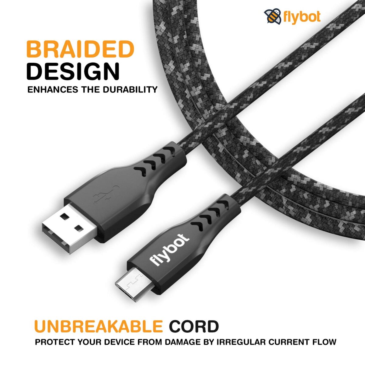 Flybot Bolt Rugged Polyester Braided Unbreakable Micro USB Fast Charging Cable (Black) - Image 2