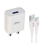pTron Volta 12W Single USB Smart Charger with 2.4A Micro USB 1-Meter Cable,(White)