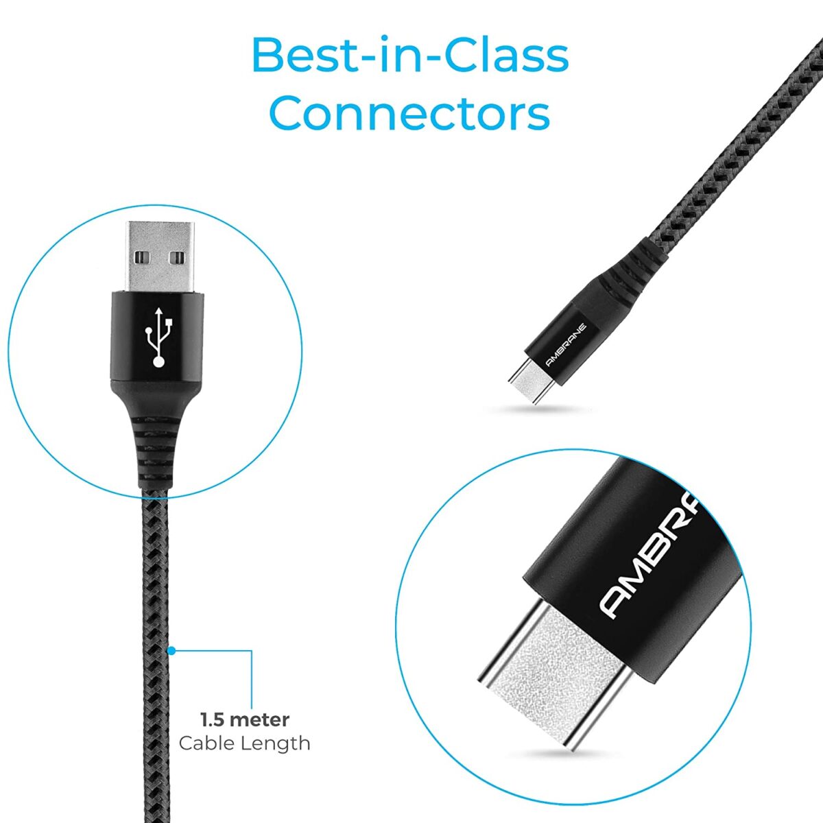 Ambrane Unbreakable 60W / 3A Fast Charging 1.5m Braided Type C Cable (Black) - Image 2