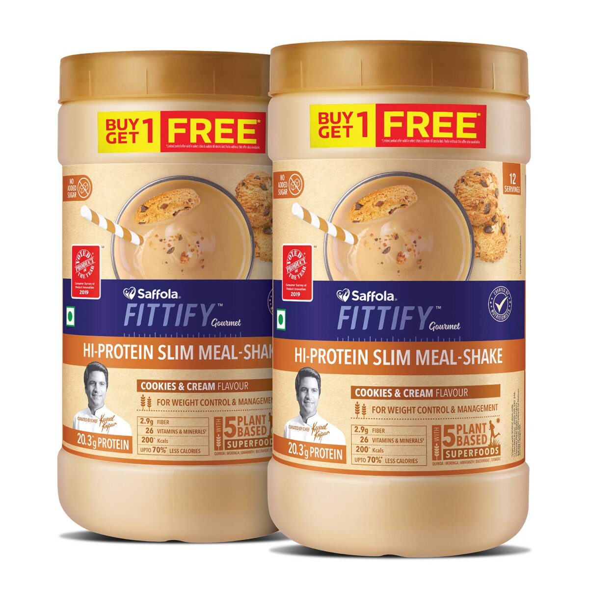 Saffola FITTIFY Gourmet Hi-Protein Slim Meal Shake - 420 gm , Cookies & Cream (Buy 1 Get 1 Free) - Image 1