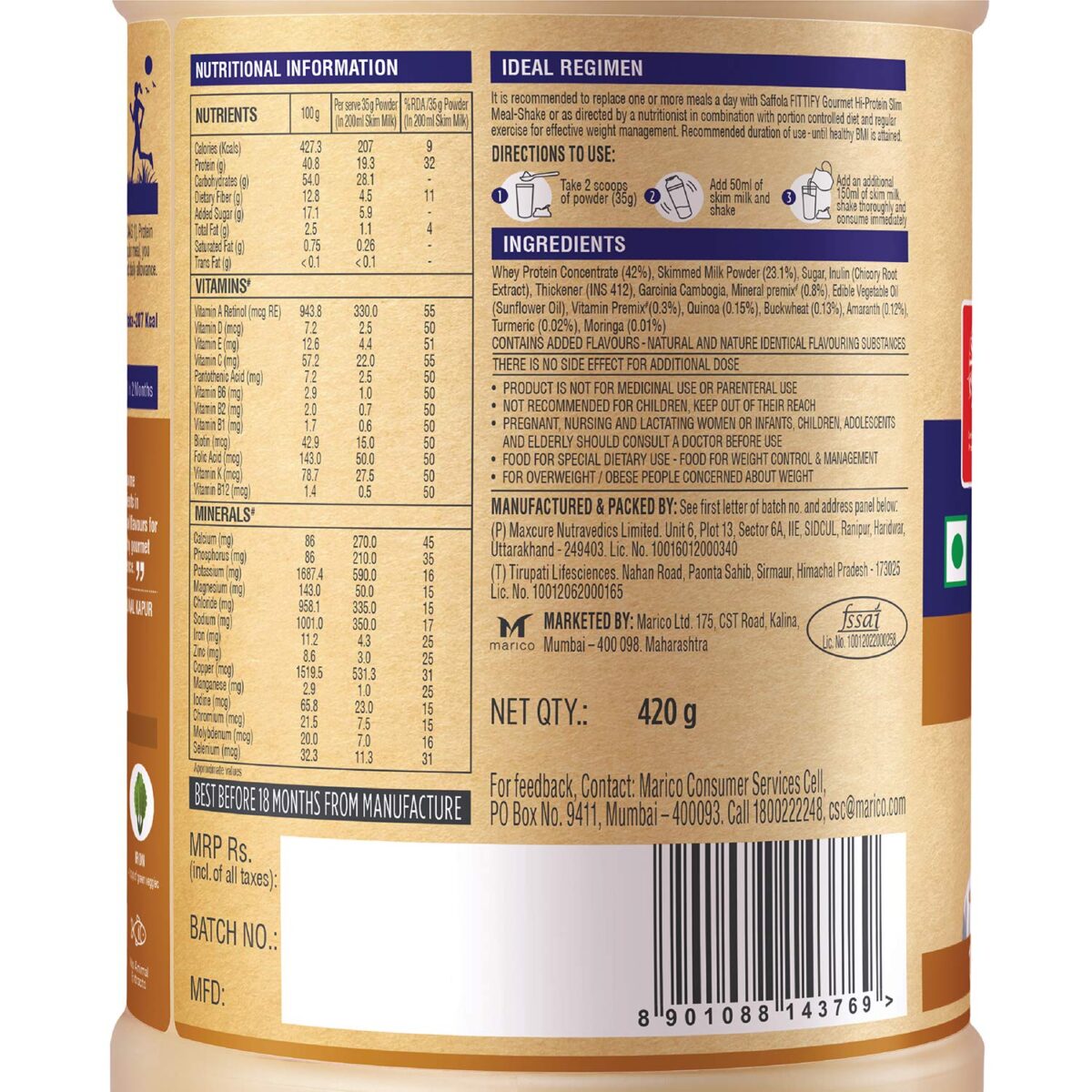 Saffola FITTIFY Gourmet Hi-Protein Slim Meal Shake - 420 gm , Coffee Caramel (Buy 1 Get 1 Free) - Image 3