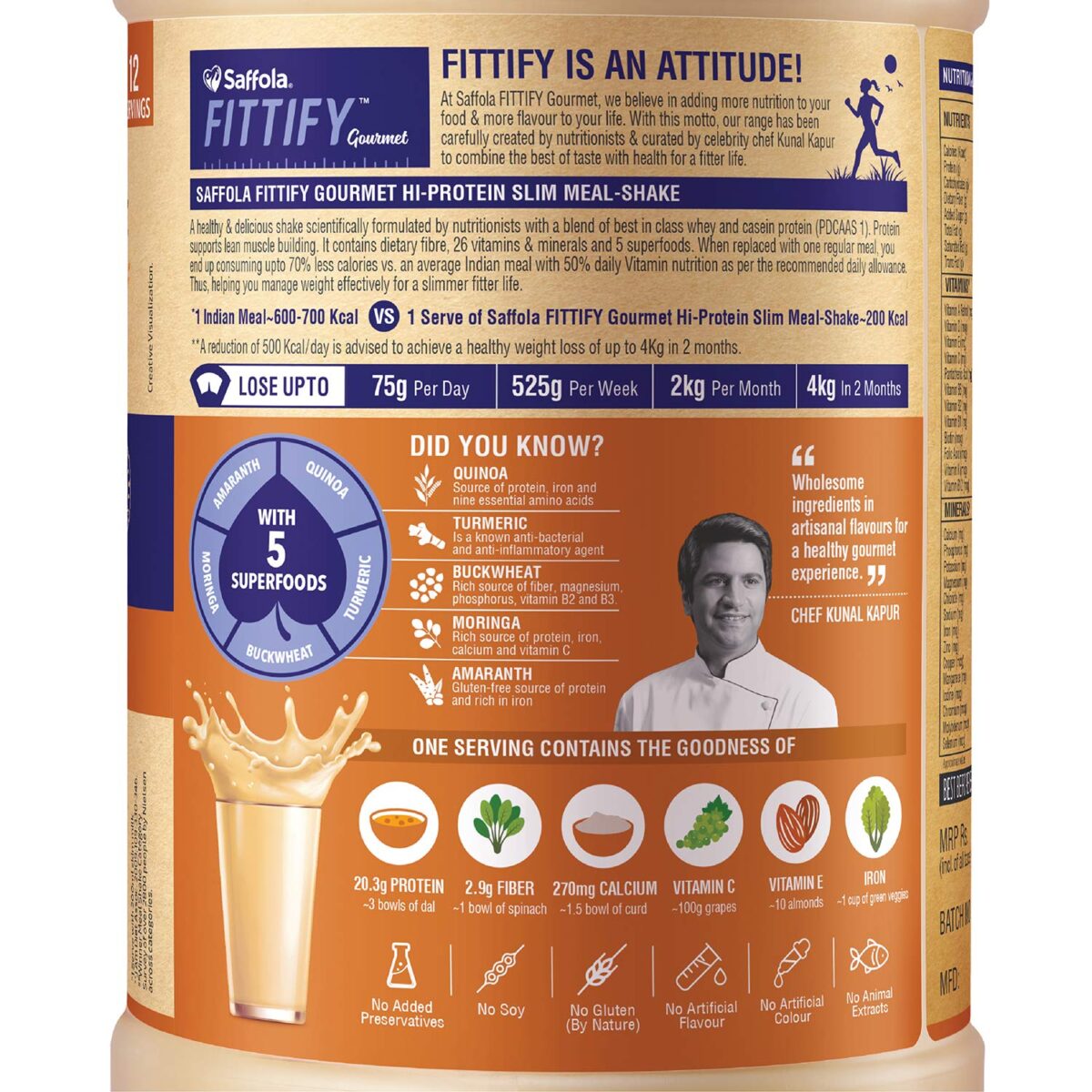 Saffola FITTIFY Gourmet Hi-Protein Slim Meal Shake - 420 gm , Cookies & Cream (Buy 1 Get 1 Free) - Image 3