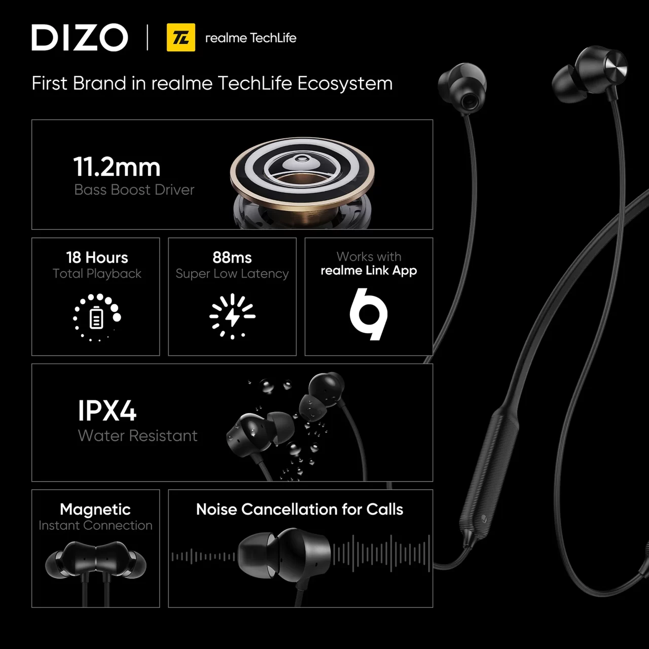 Dizo by realme TechLife Wireless Power DA2125 Neckband (Black) - Image 3